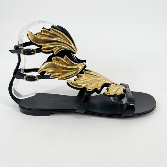 Giuseppe Zanotti Black Patent Leather Cruel Wing Flat Gladiator Sandal IT 37.5 - Picture 2 of 11
